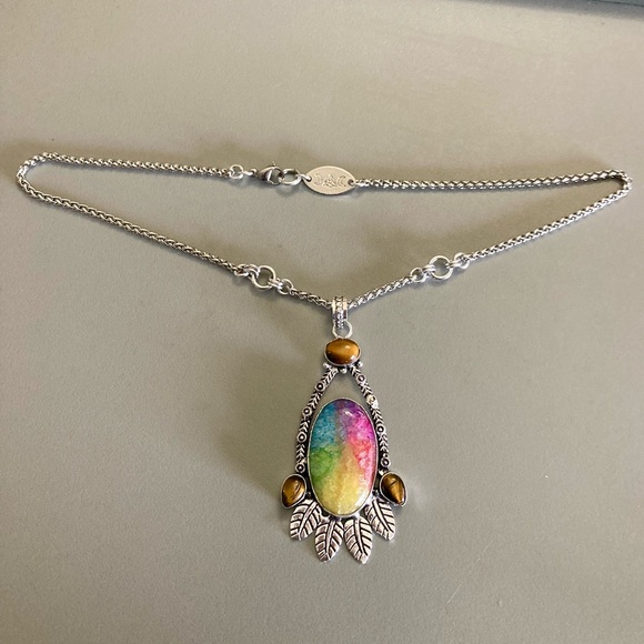 925 sterling silver overlay Rainbow solar quartz tiger eye stone charm necklace - Picture 10 of 13